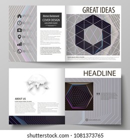 Business templates for square bi fold brochure, magazine, flyer. Leaflet cover, flat vector layout. Abstract polygonal background with hexagons. Black color geometric design, hexagonal geometry.