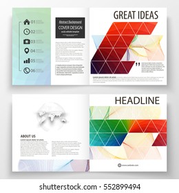 Business templates for square bi fold brochure, magazine, flyer, booklet. Leaflet cover, flat layout, easy editable vector. Colorful design background with abstract shapes and waves, overlap effect.