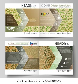 Business templates for square bi fold brochure, flyer, booklet, report. Leaflet cover, vector layout. Abstract green color wooden design. Wood texture with leaves. Natural pattern in linear style.