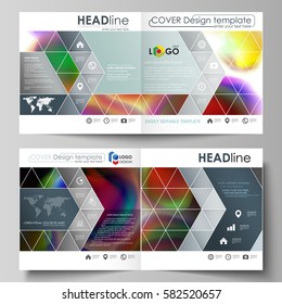 Business templates for square bi fold brochure, magazine, flyer, booklet or annual report. Leaflet cover, flat vector layout. Colorful design background with abstract shapes, bright cell backdrop.