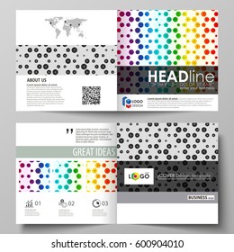 Business templates for square bi fold brochure, flyer. Leaflet cover, abstract vector layout. Chemistry pattern, hexagonal design molecule structure, medical DNA research. Colorful background