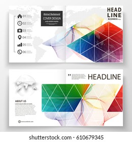 Business templates for square bi fold brochure, magazine, flyer, booklet. Leaflet cover, flat layout, easy editable vector. Colorful design background with abstract shapes and waves, overlap effect