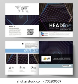 Business templates for square bi fold brochure, magazine, flyer. Leaflet cover, flat vector layout. Abstract polygonal background with hexagons. Black color geometric design, hexagonal geometry.