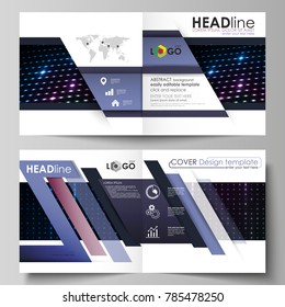 Business templates for square bi fold brochure, magazine, flyer, booklet. Leaflet cover, flat layout. Abstract colorful neon dots, dotted technology background. Futuristic digital vector design.