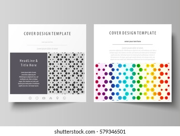 Business templates for square brochure, flyer. Leaflet cover, abstract vector layout. Chemistry pattern, hexagonal design molecule structure, medical DNA research. Geometric colorful background