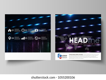 Business templates for square brochure, magazine, flyer. Leaflet cover, flat layout. Abstract colorful neon dots, dotted technology background. Glowing particles, futuristic digital vector design.