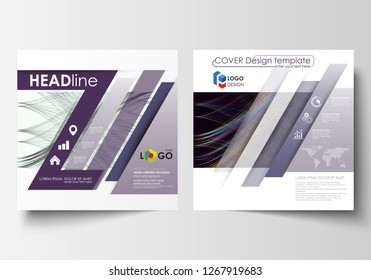 Business templates for square brochure, magazine, flyer, annual report. Leaflet cover, flat layout, easy editable vector. Abstract waves, lines, curves. Dark color background. Motion design.