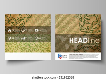 Business Templates For Square Brochure, Magazine, Flyer. Leaflet Cover, Vector Layout. Abstract Green Color Wooden Design. Wood Texture With Leaves. Spa Concept Natural Pattern In Linear Style.