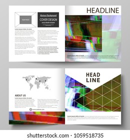 Business templates for square design bi fold brochure, flyer, report. Leaflet cover, vector layout. Glitched background made of colorful pixel mosaic. Digital decay, signal error, television fail.