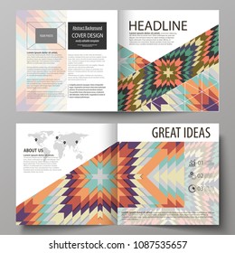 Business templates for square design bi fold brochure, magazine, flyer, booklet. Leaflet cover, abstract vector layout. Tribal pattern, geometrical ornament in ethno syle, vintage fashion background.