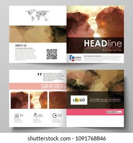 Business templates for square design bi fold brochure, flyer, booklet. Leaflet cover, abstract vector layout. Romantic couple kissing. Beautiful background. Geometrical pattern in triangular style.