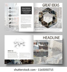Business templates for square design bi fold brochure, flyer, booklet, report. Leaflet cover, abstract vector layout. Colorful background made of dotted texture for travel business, urban cityscape.