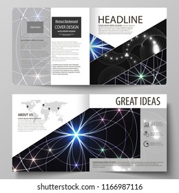 Business templates for square design bi fold brochure, magazine, flyer, booklet or report. Leaflet cover, abstract vector layout. Sacred geometry, glowing geometrical ornament. Mystical background.