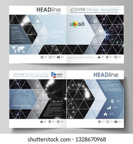 Business templates for square design bi fold brochure, magazine, flyer, booklet or report. Leaflet cover, abstract vector layout. Sacred geometry, glowing geometrical ornament. Mystical background.