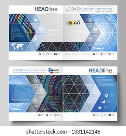 Business templates for square design bi fold brochure, magazine, flyer, booklet or report. Leaflet cover, abstract vector layout. Blue color background in minimalist style made from colorful circles.