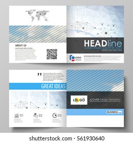 Business templates for square design bi fold brochure, flyer, annual report. Leaflet cover, vector layout. Blue color abstract infographic background made from lines, symbols, charts, other elements
