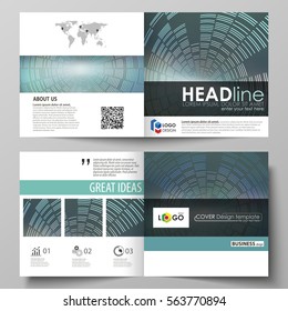 Business templates for square design bi fold brochure, flyer, booklet or report. Leaflet cover, abstract flat layout, easy editable vector. Technology background in geometric style made from circles.