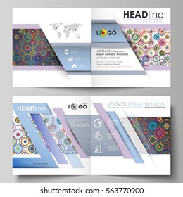 Business templates for square design bi fold brochure, flyer, booklet or annual report. Leaflet cover, abstract vector layout. Bright color background in minimalist style made from colorful circles.