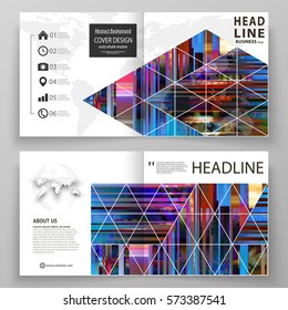Business templates for square design bi fold brochure, magazine, flyer. Leaflet cover, abstract vector layout. Glitched background made of colorful pixel mosaic. Digital decay. Trendy glitch backdrop