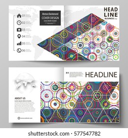 Business templates for square design bi fold brochure, flyer, booklet or annual report. Leaflet cover, abstract vector layout. Bright color background in minimalist style made from colorful circles