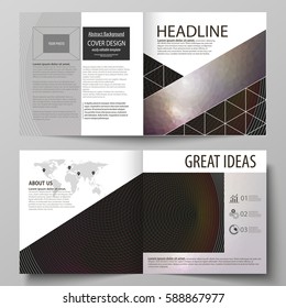 Business templates for square design bi fold brochure, magazine, flyer, booklet, report. Leaflet cover, vector layout. Dark color triangles and colorful circles. Abstract polygonal style background.