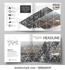 Business templates for square design bi fold brochure, flyer, booklet or annual report. Leaflet cover, vector layout. Abstract landscape of nature. Dark color pattern in vintage style, mosaic texture.
