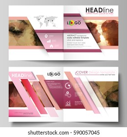 Business templates for square design bi fold brochure, flyer, booklet. Leaflet cover, abstract vector layout. Romantic couple kissing. Beautiful background. Geometrical pattern in triangular style