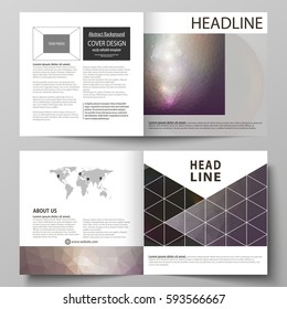 Business templates for square design bi fold brochure, magazine, flyer, booklet, report. Leaflet cover, vector layout. Dark color triangles and colorful circles. Abstract polygonal style background.
