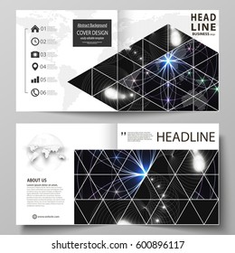 Business templates for square design bi fold brochure, magazine, flyer, report. Leaflet cover, abstract flat layout, editable vector. Sacred geometry, glowing geometrical ornament. Mystical background