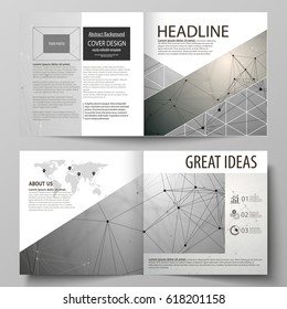 Business templates for square design bi fold brochure, flyer, booklet. Leaflet cover, abstract vector layout. Chemistry pattern, molecule structure on gray background. Science and technology concept
