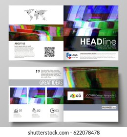 Business templates for square design bi fold brochure, flyer, report. Leaflet cover, vector layout. Glitched background made of colorful pixel mosaic. Digital decay, signal error, television fail.
