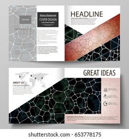 Business templates for square design bi fold brochure, flyer. Leaflet cover, vector layout. Chemistry pattern, molecular texture, polygonal molecule structure, cell. Medicine, microbiology concept