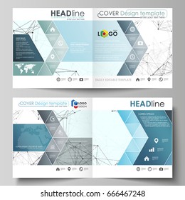 Business templates for square design bi fold brochure, flyer, report. Leaflet cover, vector layout. Chemistry pattern, connecting lines and dots, molecule structure on white, geometric background