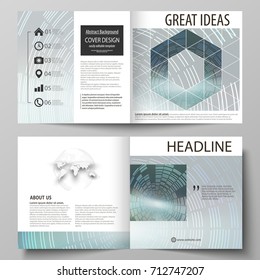 Business templates for square design bi fold brochure, flyer, booklet or report. Leaflet cover, abstract flat layout, easy editable vector. Technology background in geometric style made from circles.