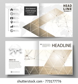 Business templates for square design bi fold brochure, flyer, booklet, report. Leaflet cover, vector layout. Technology, science, medical concept. Golden dots and lines, digital style. Lines plexus.