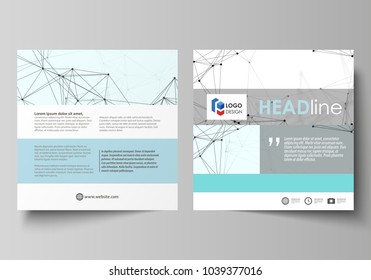 Business templates for square design brochure, flyer, report. Leaflet cover, vector layout. Chemistry pattern, connecting lines and dots, molecule structure on white, geometric graphic background.