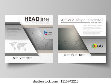 Business templates for square design brochure, flyer, booklet, report. Leaflet cover, abstract vector layout. Chemistry pattern, molecule structure on gray background. Science and technology concept.