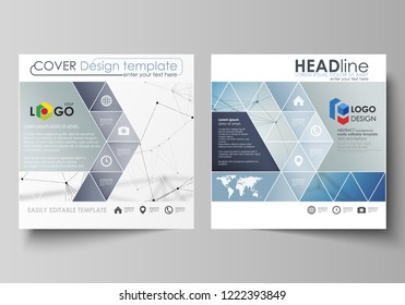 Business templates for square design brochure, flyer, booklet, report. Leaflet cover, vector layout. Geometric blue color background, molecule structure, science concept. Connected lines and dots.