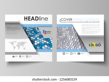Business templates for square design brochure, magazine, flyer. Leaflet cover, abstract flat layout, easy editable vector. Blue and gray color hexagons in perspective. Abstract polygonal style