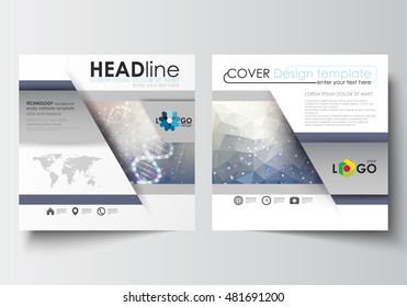 Business templates for square design brochure, magazine, flyer, booklet. Leaflet cover, flat layout, easy editable. DNA molecule structure on blue background. Scientific research, medical technology.