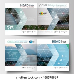 Business templates for square design brochure, magazine, flyer, booklet. Leaflet cover, abstract flat style travel decoration layout, easy editable vector template, colorful blurred natural landscape.