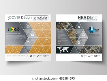 Business templates for square design brochure, magazine, flyer, booklet. Leaflet cover, flat layout. Golden technology background, connection structure with connecting dots and lines, science vector.