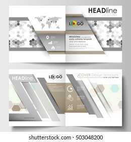 Business templates for square design brochure, magazine, flyer, booklet. Leaflet cover, flat layout, easy editable blank. Abstract gray color background, modern hexagonal vector texture.