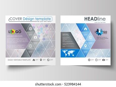 Business templates for square design brochure, magazine, flyer, booklet. Leaflet cover, flat layout, easy editable blank. Molecule structure on blue background. Science, healthcare, medical vector.