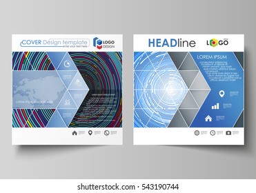 Business templates for square design brochure, magazine, flyer, booklet or annual report. Leaflet cover, abstract vector layout. Blue color background in minimalist style made from colorful circles.