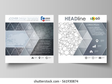 Business templates for square design brochure, flyer. Leaflet cover, vector layout. Chemistry pattern, molecular texture, polygonal molecule structure, cell. Medicine, science or microbiology concept