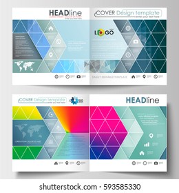Business templates for square design brochure, magazine, flyer, booklet or annual report. Leaflet cover, flat layout. Abstract triangles, blue triangular background, modern colorful polygonal vector.