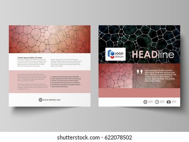 Business templates for square design brochure, flyer. Leaflet cover, vector layout. Chemistry pattern, molecular texture, polygonal molecule structure, cell. Medicine, science or microbiology concept.