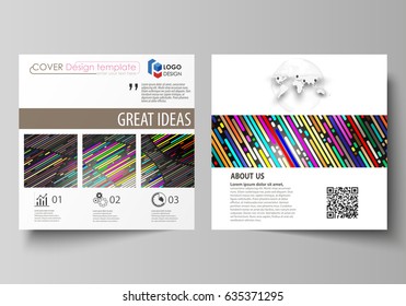 Business templates for square design brochure, magazine, flyer, booklet. Leaflet cover, vector layout. Colorful background made of stripes. Abstract tubes and dots. Glowing multicolored texture.