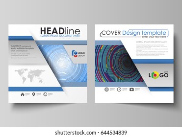 Business templates for square design brochure, magazine, flyer, booklet, report. Leaflet cover, abstract vector layout. Blue color background in minimalist style made from colorful circles.